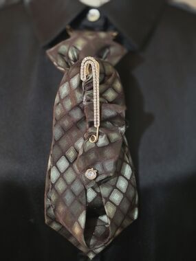 Gold Crystal Safety Pin Brooch - Brown Patterned Statement Tie Necklace